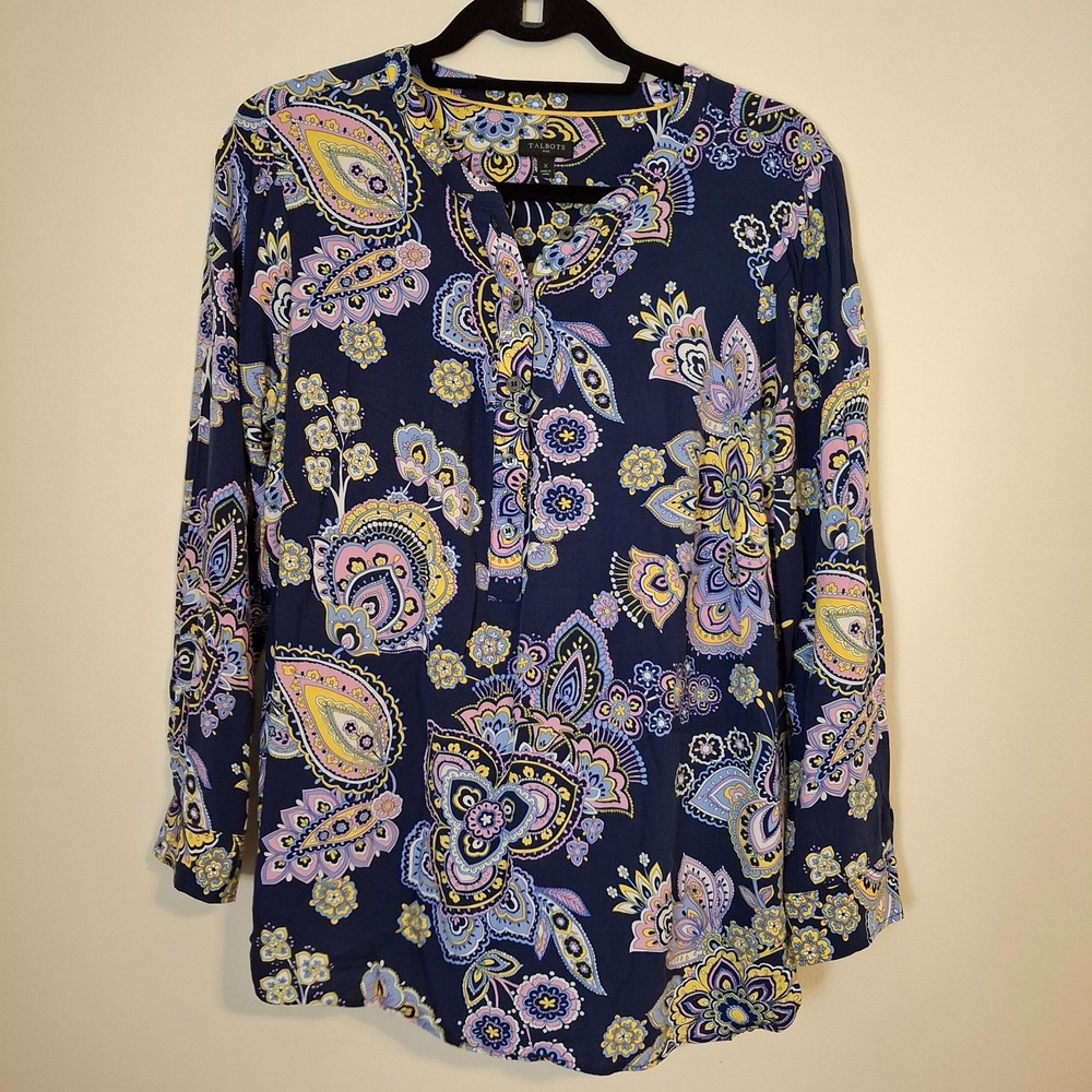 Talbots Womens X Blouse Navy Blue Paisley Floral Split Neck Henley Rayon Top